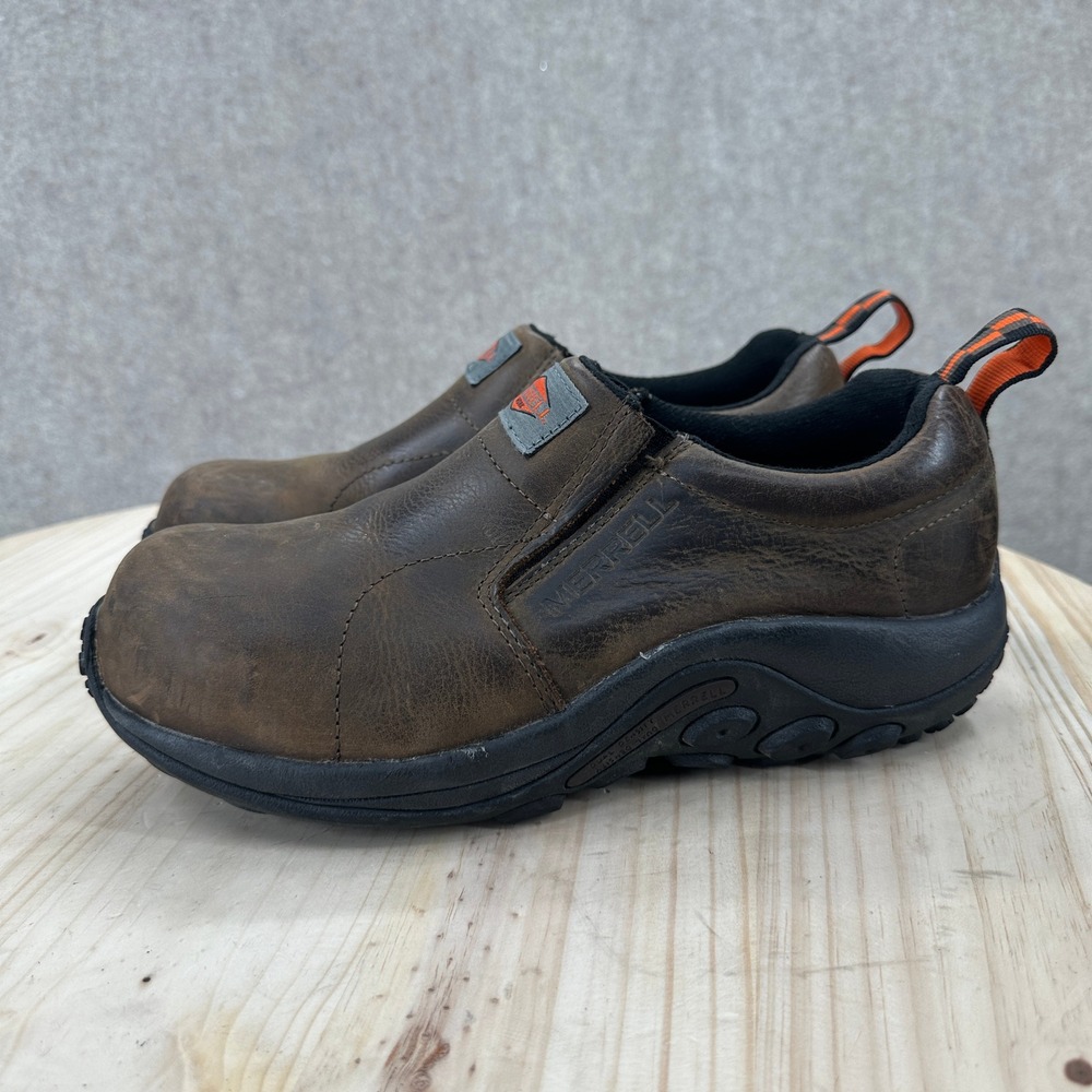 Merrell Jungle Moc Work Shoes Mens 7 Brown Leather Composite Toe Slip On